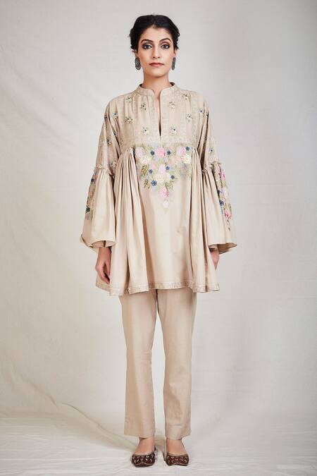 Sue Mue_Beige Cotton Mandarin Collar Embroidered Flared Short Tunic _Online_at_Aza_Fashions