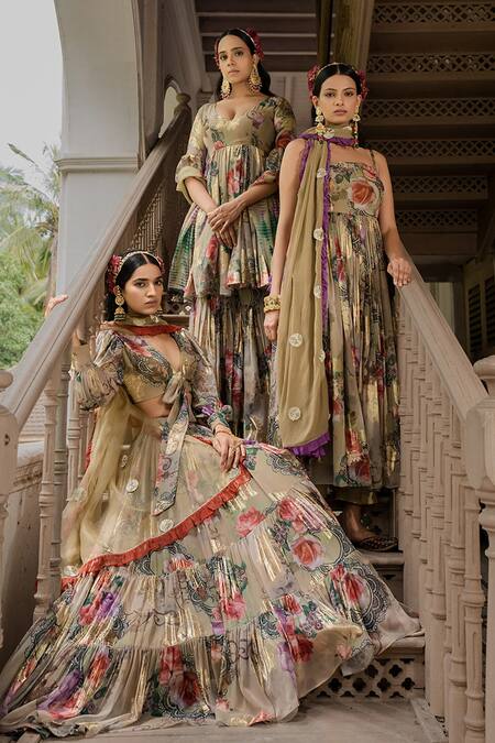 Amrin Khan_Green Georgette And Chiffon Print & Embroidery Strappy Anarkali Set  _Online_at_Aza_Fashions