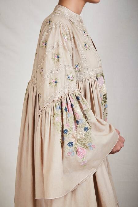 Buy_Sue Mue_Beige Cotton Mandarin Collar Embroidered Flared Short Tunic _Online_at_Aza_Fashions