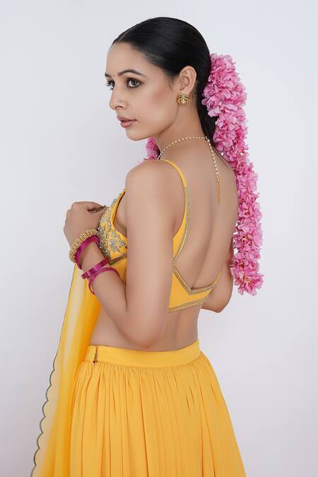 Shop_Rashi Jain_Yellow Viscose Georgette, Silk Organza Kiran Embroidered Blouse Gharara Set _Online_at_Aza_Fashions