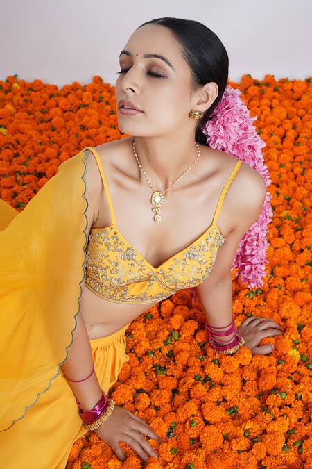 Rashi Jain_Yellow Viscose Georgette, Silk Organza Kiran Embroidered Blouse Gharara Set _at_Aza_Fashions