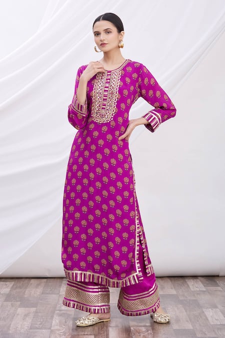 Gopi Vaid Purple Kurta Tussar Embroidery Round Floral Print And Palazzo Set For Women