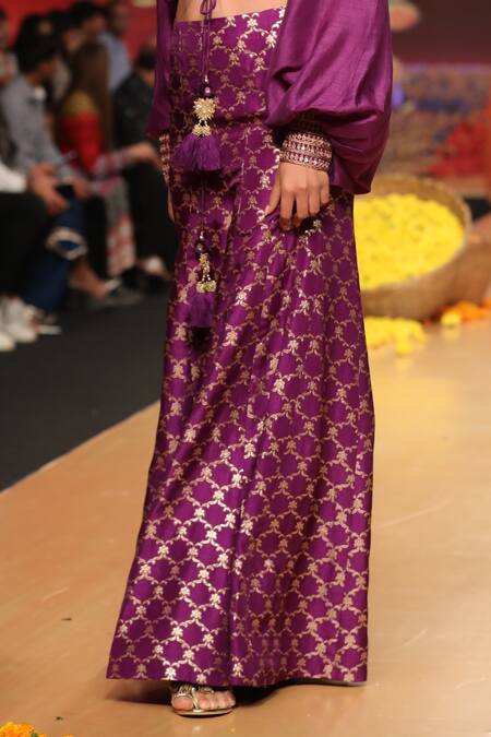 Gopi Vaid_Purple Top Tussar Pant Brocade V Neck Embroidered And Set_Online_at_Aza_Fashions