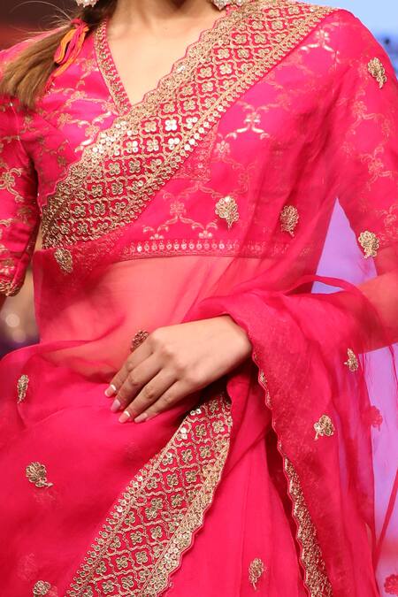 Buy_Gopi Vaid_Pink Blouse Brocade Skirt Brocade Saree Organza V Neck Embroidered Set_Online_at_Aza_Fashions