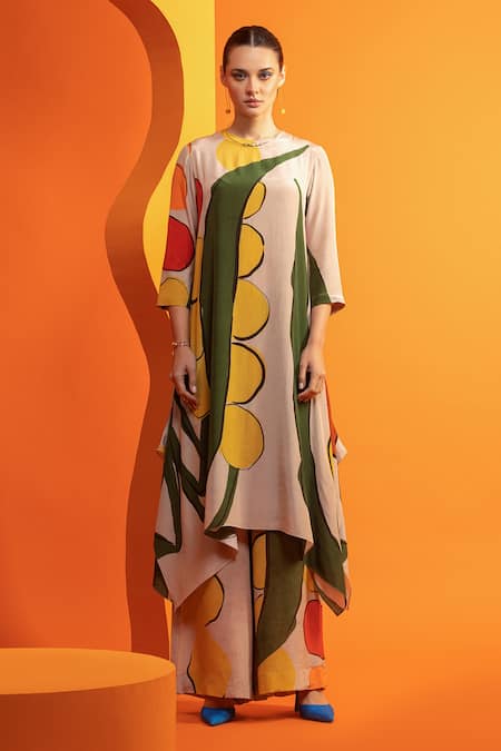 Nautanky Beige Crepe Boat Neck Abstract Geometric Print Asymmetric Top And Pant Set Online at Aza Fashions Nautanky_Beige Crepe Boat Neck Abstract Geometric Print Asymmetric Top And Pant Set _Online_at_Aza_Fashions