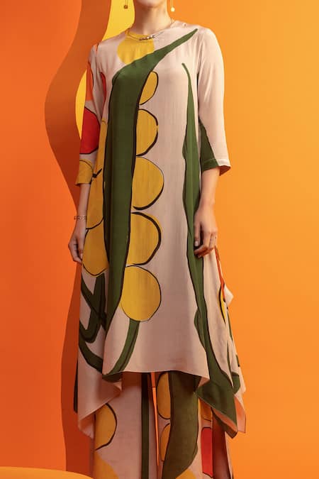 Buy Nautanky Beige Crepe Boat Neck Abstract Geometric Print Asymmetric Top And Pant Set Online at Aza Fashions Buy_Nautanky_Beige Crepe Boat Neck Abstract Geometric Print Asymmetric Top And Pant Set _Online_at_Aza_Fashions