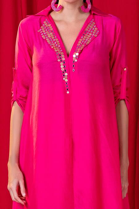 Enech_Pink Muslin, Modal Metallic Thread, Mirrors, Embellished Tunic And Palazzo Set _Online_at_Aza_Fashions