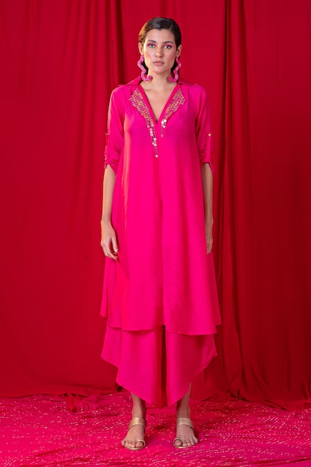 Buy_Enech_Pink Muslin, Modal Metallic Thread, Mirrors, Embellished Tunic And Palazzo Set _Online_at_Aza_Fashions