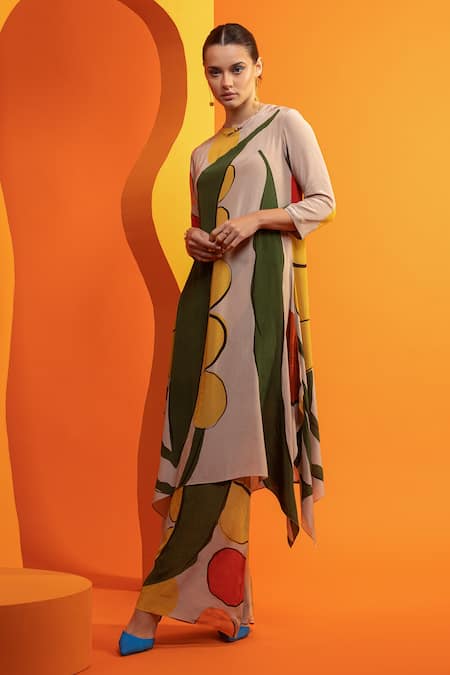 Shop Nautanky Beige Crepe Boat Neck Abstract Geometric Print Asymmetric Top And Pant Set Online at Aza Fashions Shop_Nautanky_Beige Crepe Boat Neck Abstract Geometric Print Asymmetric Top And Pant Set _Online_at_Aza_Fashions