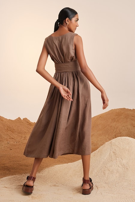 Shop_Cord_Green Linen V-neck Freya Color Block Cape With Dress _Online_at_Aza_Fashions