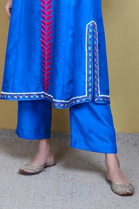 Sue Mue_Blue Silk, Organza Round Embroidered Kurta Set_at_Aza_Fashions