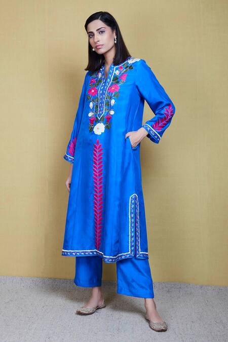 Sue Mue_Blue Silk, Organza Round Embroidered Kurta Set_Online_at_Aza_Fashions