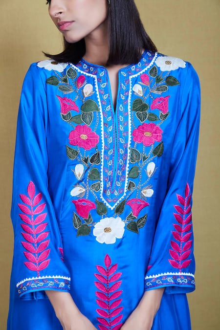 Shop_Sue Mue_Blue Silk, Organza Round Embroidered Kurta Set_Online_at_Aza_Fashions