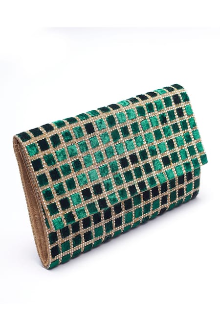 Alor Bags Green Crystals Makhmali Envelope Clutch