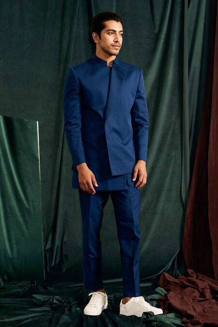 Hand Embroidered Terry Rayon Jodhpuri Suit in Dark Blue : MTX1217