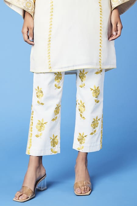 Shop_Sue Mue_White Mul Parsi And Thread Work, Resham V Neck Tunic & Pant Set _Online_at_Aza_Fashions
