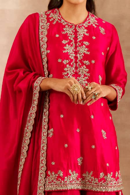 Jayanti Reddy_Red Silk Zardozi Round Embroidered Tunic Sharara Set _Online_at_Aza_Fashions