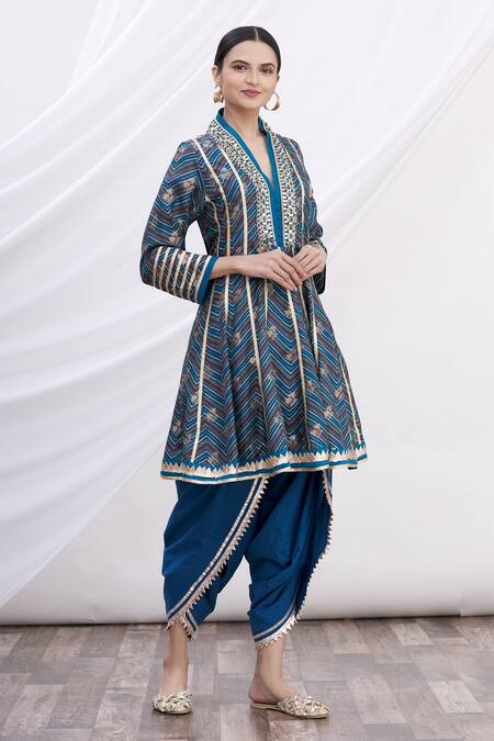 Gopi Vaid_Blue Anarkali Tussar, Dhoti Pant Cotton V Neck Zig-zag And Set_Online_at_Aza_Fashions