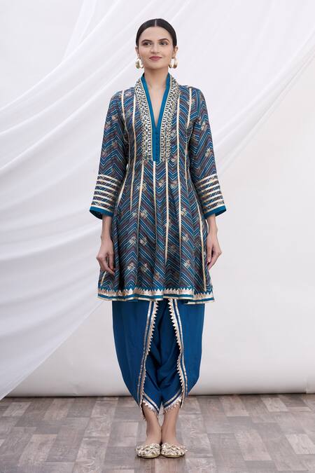 Buy_Gopi Vaid_Blue Anarkali Tussar, Dhoti Pant Cotton V Neck Zig-zag And Set_Online_at_Aza_Fashions