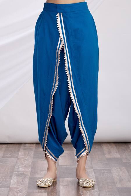 Shop_Gopi Vaid_Blue Anarkali Tussar, Dhoti Pant Cotton V Neck Zig-zag And Set_Online_at_Aza_Fashions