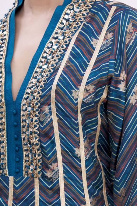 Gopi Vaid_Blue Anarkali Tussar, Dhoti Pant Cotton V Neck Zig-zag And Set_at_Aza_Fashions