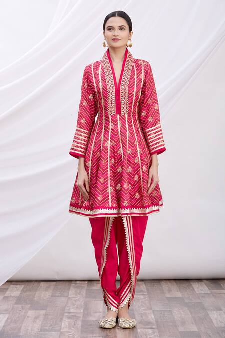 Buy_Gopi Vaid_Red Anarkali Tussar, Dhoti Pant Cotton V Neck Zig-zag And Set_Online_at_Aza_Fashions