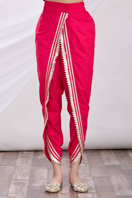 Shop_Gopi Vaid_Red Anarkali Tussar, Dhoti Pant Cotton V Neck Zig-zag And Set_Online_at_Aza_Fashions