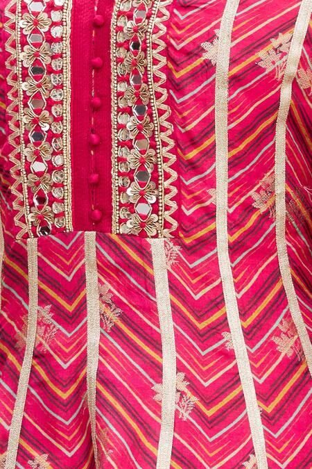 Gopi Vaid_Red Anarkali Tussar, Dhoti Pant Cotton V Neck Zig-zag And Set_at_Aza_Fashions