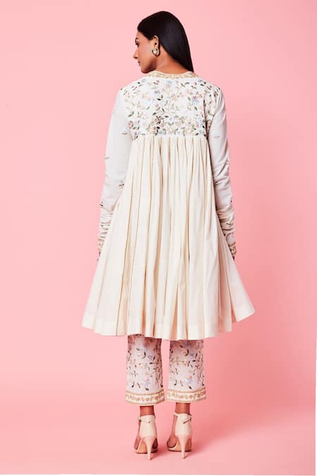 Shop_Sue Mue_White Cotton Dori, Floral, Resham, Parsi Work V Embroidered Short Anarkali Set _at_Aza_Fashions