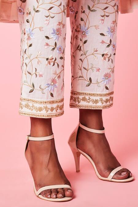 Sue Mue_White Cotton Dori, Floral, Resham, Parsi Work V Embroidered Short Anarkali Set _at_Aza_Fashions