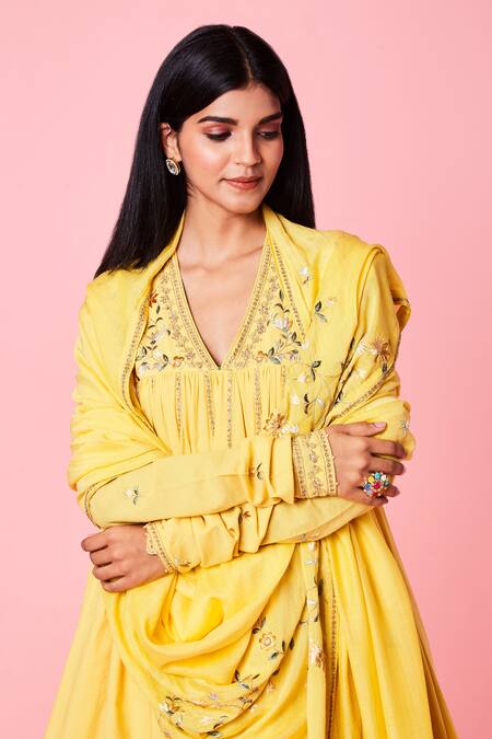 Buy_Sue Mue_Yellow Cotton Dori, Floral, Resham, Parsi Gathered Sleeve Short Anarkali Set_Online_at_Aza_Fashions