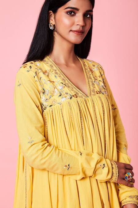 Shop_Sue Mue_Yellow Cotton Dori, Floral, Resham, Parsi Gathered Sleeve Short Anarkali Set_Online_at_Aza_Fashions