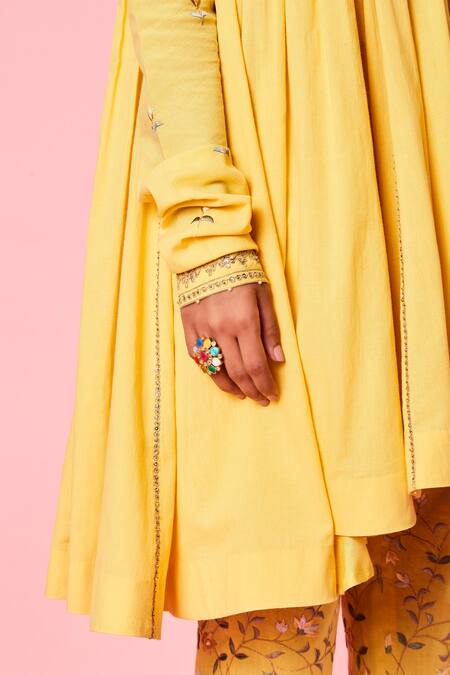 Sue Mue_Yellow Cotton Dori, Floral, Resham, Parsi Gathered Sleeve Short Anarkali Set_at_Aza_Fashions