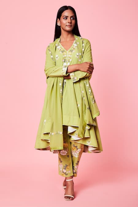 Sue Mue Green Cotton Zari And Resham Work V Neck Anarkali Set