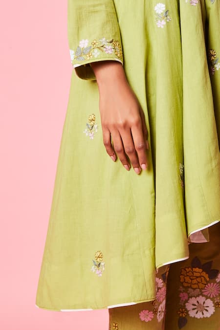 Buy_Sue Mue_Green Cotton Zari And Resham Work V Neck Anarkali Set_Online_at_Aza_Fashions