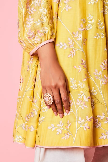 Shop_Sue Mue_Yellow Mul Floral Keyhole Resham And Parsi Work Short Anarkali Set_Online_at_Aza_Fashions