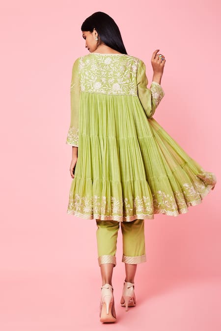 Shop Sue Mue Green Cotton, Mul Resham, Parsi Keyhole Work Short Anarkali And Pant Set at Aza Fashions Shop_Sue Mue_Green Cotton, Mul Resham, Parsi Keyhole Work Short Anarkali And Pant Set _at_Aza_Fashions