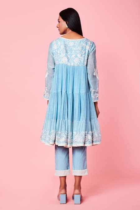 Shop Sue Mue Blue Cotton, Mul Resham, Parsi Keyhole Work Short Anarkali And Pant Set at Aza Fashions Shop_Sue Mue_Blue Cotton, Mul Resham, Parsi Keyhole Work Short Anarkali And Pant Set _at_Aza_Fashions