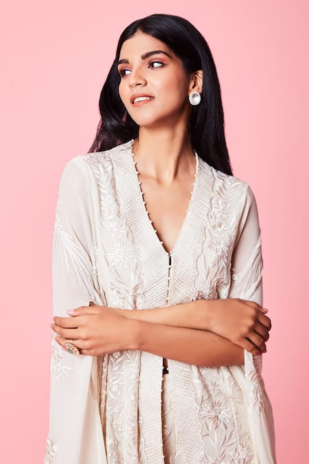Buy_Sue Mue_White Georgette Resham, Parsi Cape V Neck Work Asymmetric And Pant Set_Online_at_Aza_Fashions