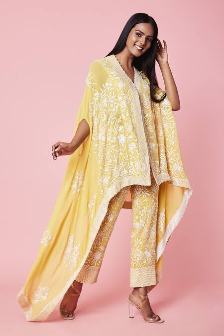 Sue Mue_Yellow Georgette Resham, Parsi Cape V Neck Work And Pant Set_Online_at_Aza_Fashions
