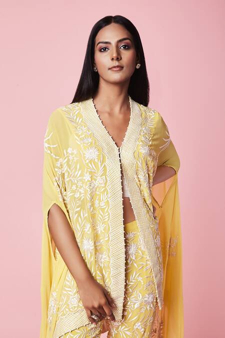Buy_Sue Mue_Yellow Georgette Resham, Parsi Cape V Neck Work And Pant Set_Online_at_Aza_Fashions