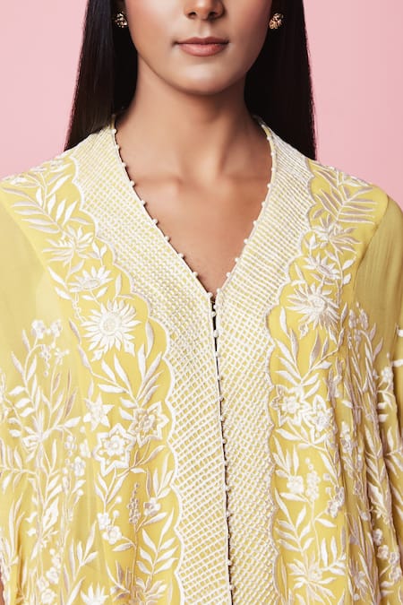 Shop_Sue Mue_Yellow Georgette Resham, Parsi Cape V Neck Work And Pant Set_Online_at_Aza_Fashions