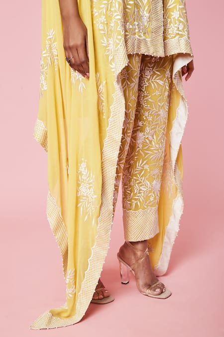 Sue Mue_Yellow Georgette Resham, Parsi Cape V Neck Work And Pant Set_at_Aza_Fashions