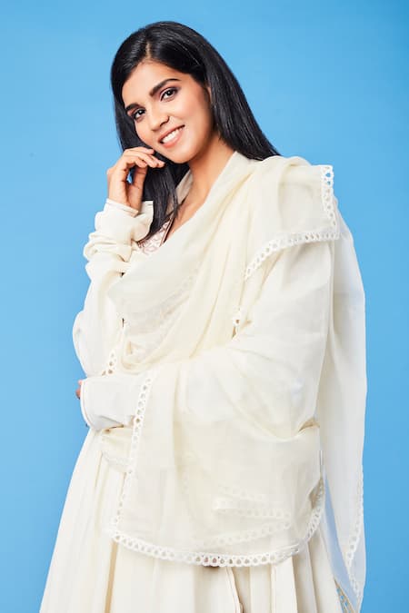 Buy_Sue Mue_White Cotton Bhuj Floral, Parsi V Neck Work Short Anarkali Set_Online_at_Aza_Fashions