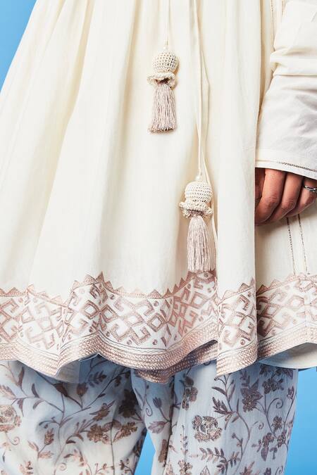 Shop_Sue Mue_White Cotton Bhuj Floral, Parsi V Neck Work Short Anarkali Set_Online_at_Aza_Fashions