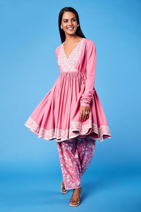 Sue Mue_Pink Cotton Bhuj Floral, Parsi V Neck Work Short Anarkali Set_Online_at_Aza_Fashions