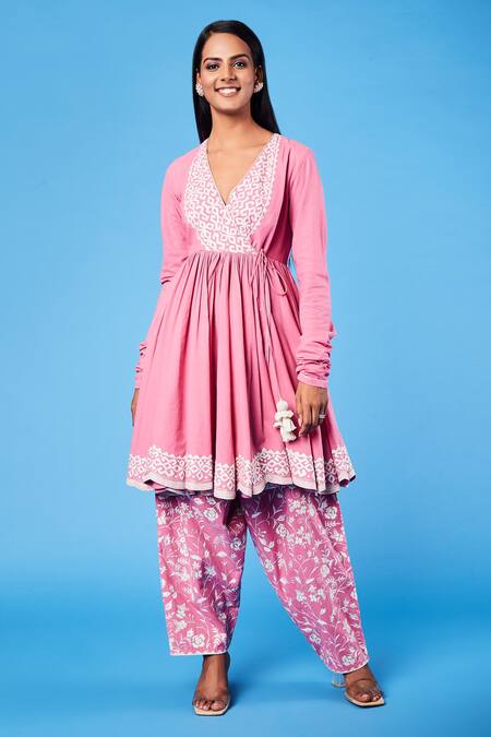 Buy_Sue Mue_Pink Cotton Bhuj Floral, Parsi V Neck Work Short Anarkali Set_Online_at_Aza_Fashions