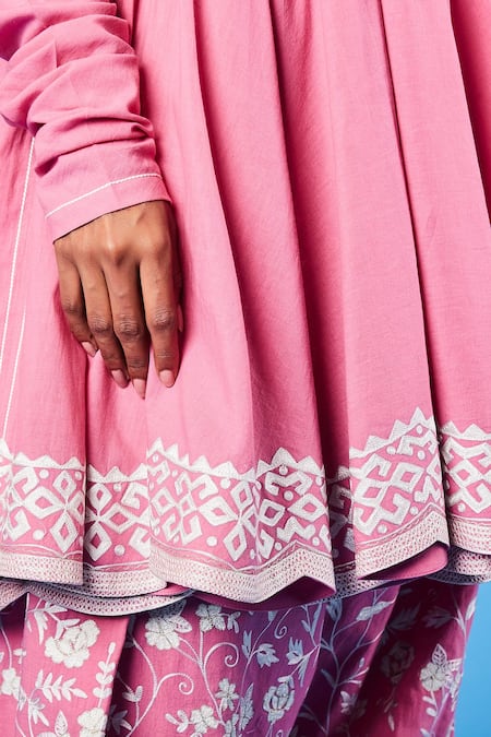 Shop_Sue Mue_Pink Cotton Bhuj Floral, Parsi V Neck Work Short Anarkali Set_Online_at_Aza_Fashions