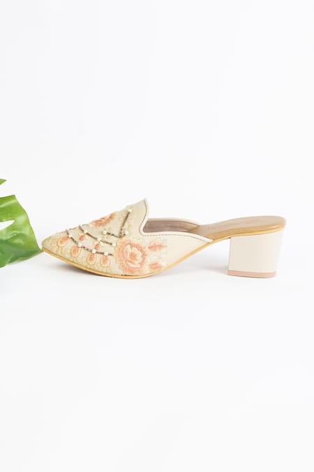 Buy_Sole House_Beige Embroidery, Pearls Vegan Leather Pointed Toe Mules _Online_at_Aza_Fashions