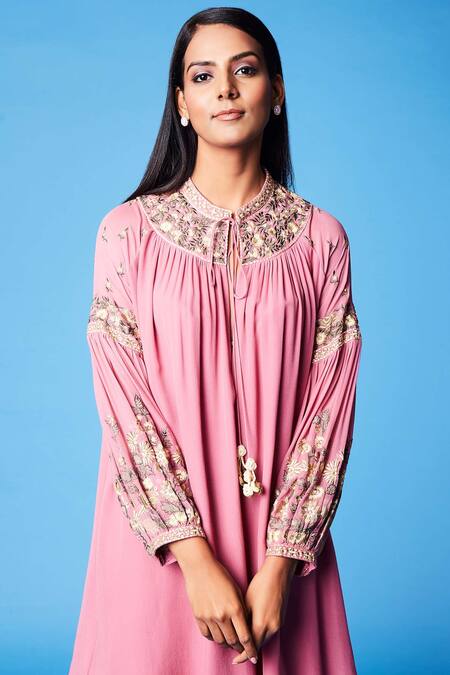 Sue Mue Pink Georgette Resham, Parsi Keyhole Work Dress Online at Aza Fashions Sue Mue_Pink Georgette Resham, Parsi Keyhole Work Dress_Online_at_Aza_Fashions